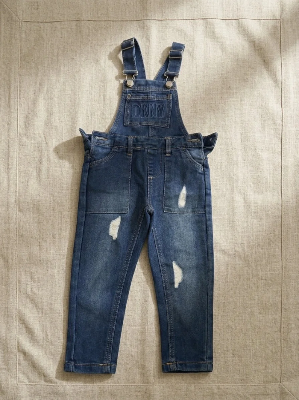 DKNY Dark Blue Distressed Denim Overalls for Kids